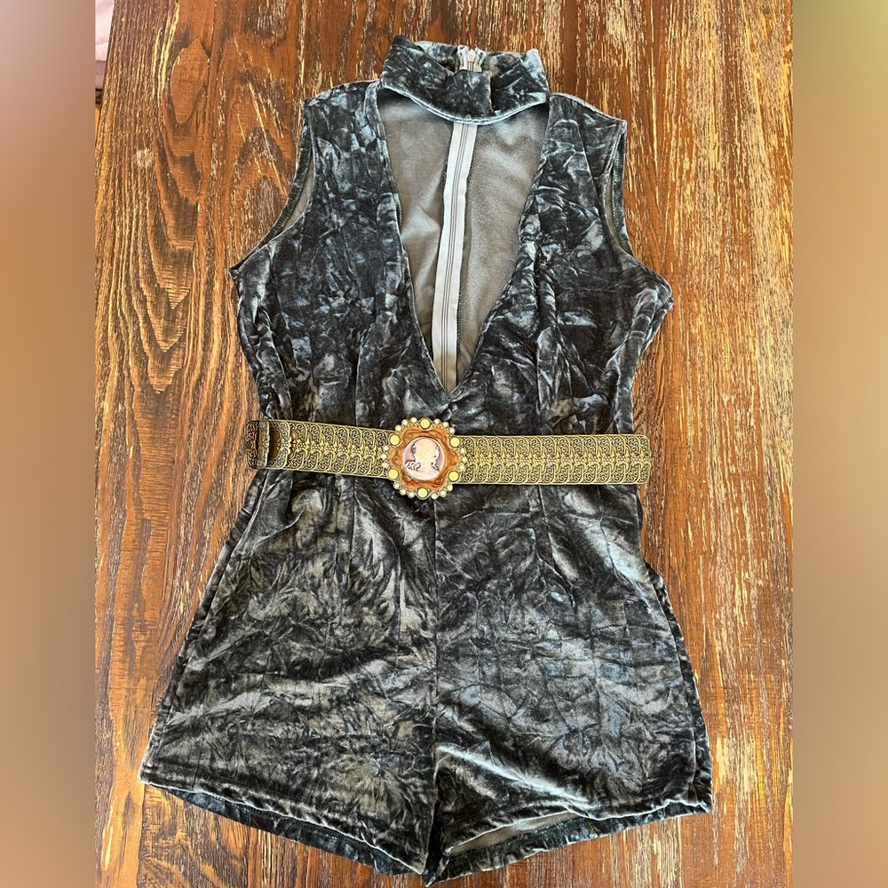 Almost new crushed velvet deep teal choker neck with front V cut out romper